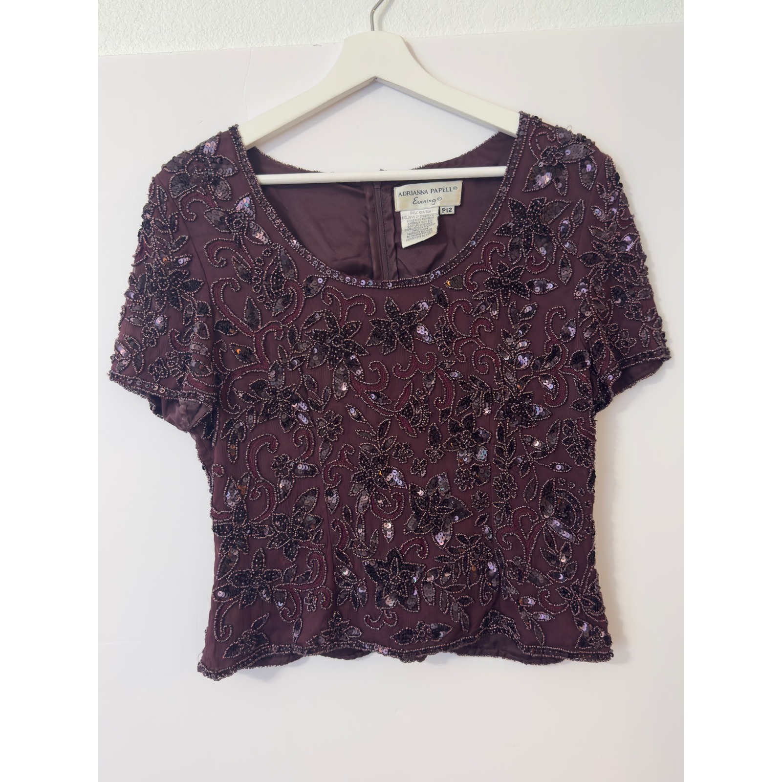 Adrianna Papell Evening Silk Beaded Sequin Floral Top P12 Vintage Mob Wife Gala